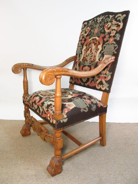 CARVED WALNUT ARMCHAIR WITH NEEDLEPOINT UPHOLSTERY: Carved walnut armchair with needlepoint upholstery. Measures a total of 43" tall x 25" wide x 30" deep. Condition: generally good, see images. Weight: approx. 25 lbs.