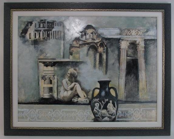LAURA DILLON MIXED MEDIA PAINTING: Classical Elements: A mixed media painting on canvas by Laura Dillon depicting a range of architectural and decorative classical elements. Untitled. Measures 45 1/2" x 57 1/2" x 3". Condition good. Weight: approx. 35 lbs