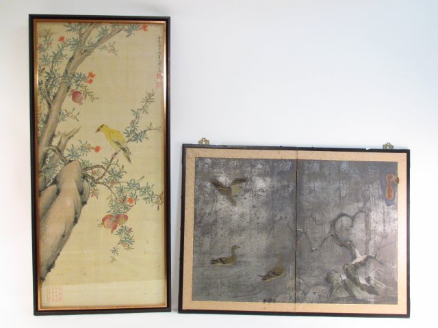 CHINESE TWO PANEL SCREEN & PAINTING ON SILK (1 of 10)