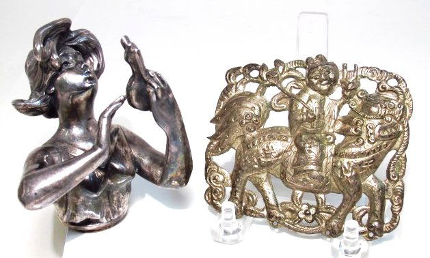 TWO PIECES OF SILVER: CHINESE PLAQUE & FIGURAL CRUET (1 of 9)