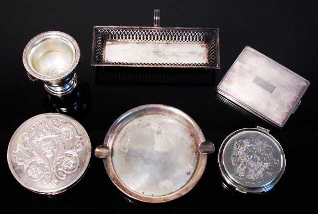 SIX PIECES STERLING SILVER: CIGARETTE CASE, COMPACT, (1 of 10)