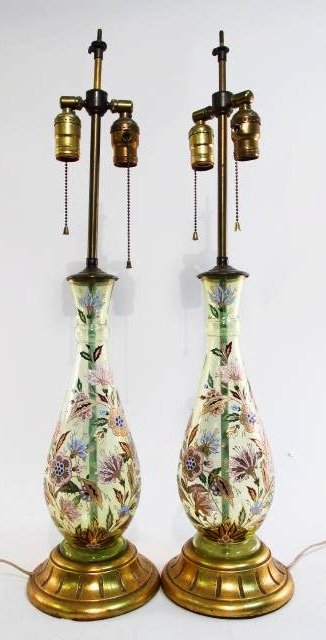 PAIR VINTAGE ENAMELED GLASS TABLE LAMPS: Pair of vintage enameled glass table lamps. Each measuring a total of 29" tall. Does not include finial or shade. Condition: generally good, no signs of damage, minor tarnishing to metal mounts, see i