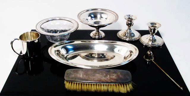 STERLING SILVER LOT: BREAD TRAY, CANDLESTICKS, ETC. (1 of 9)