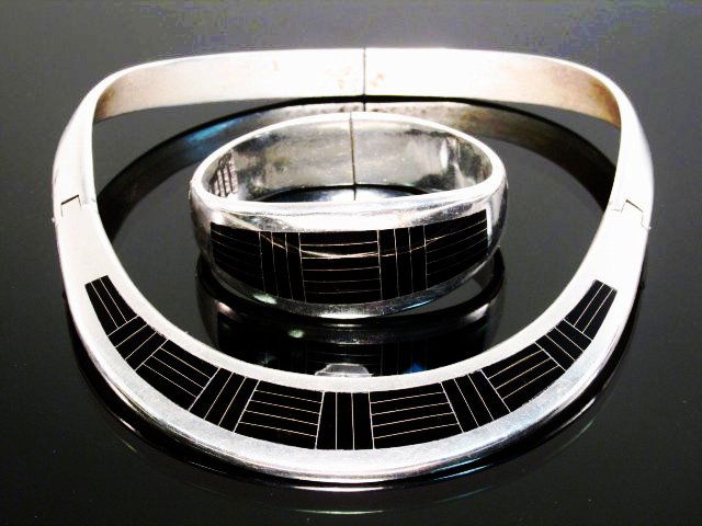 HEAVY TAXCO .950 SILVER & ONYX NECKLACE & BRACELET SET (1 of 6)