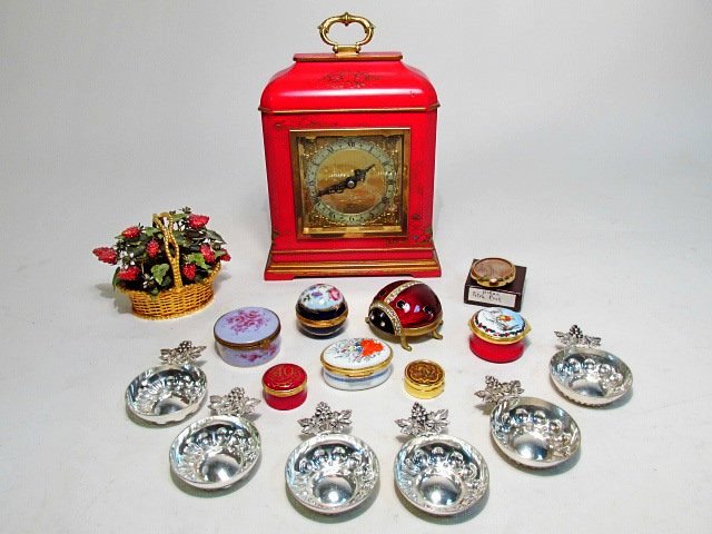 ESTATE DECORATIVES: CHINOISERIE CLOCK, LIMOGES BOXES,: Estate lot of assorted items includes a Chinoiserie style bracket clock, a number of small enameled metal and porcelain boxes (Limoges, etc.), an enameled metal floral centerpiece, silver plated wine 