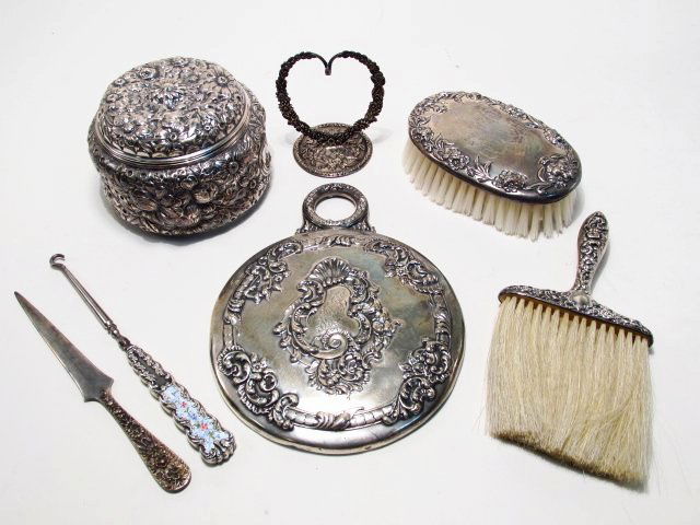 STERLING SILVER VANITY ITEMS: JAR, MIRROR, BRUSH, ETC. (1 of 10)