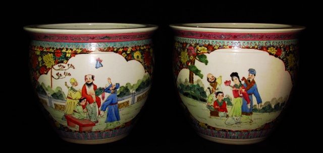 PAIR CHINESE HAND PAINTED FISHBOWL PLANTERS (1 of 10)