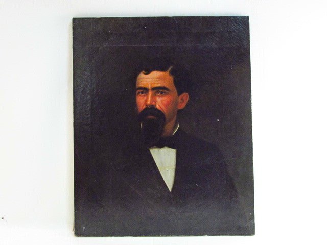 19TH C OIL ON CANVAS PAINTING OF A GENTLEMAN: 19th century oil on canvas painting of a gentleman. Does not appear to be signed. Canvas has a large professional repair near the bottom, a few marks to canvas and a small hole mid right side, see ima
