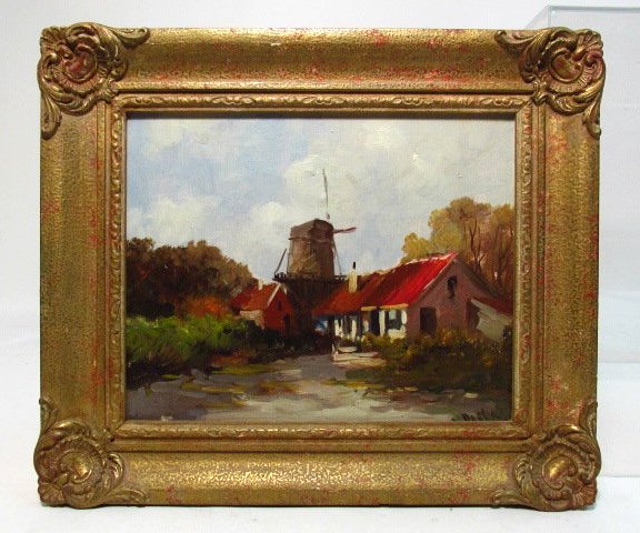 A SMALL VINTAGE DUTCH OIL ON CANVAS PAINTING: A small vintage Dutch oil on canvas painting, framed measuring a total of 11" tall x 13" wide. Signed illegibly lower right. Condition: a few very minor losses and signs of age to frame, see images. W