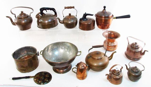 LARGE BOX LOT KITCHEN WARES, COPPER WARES, ETC. (1 of 9)