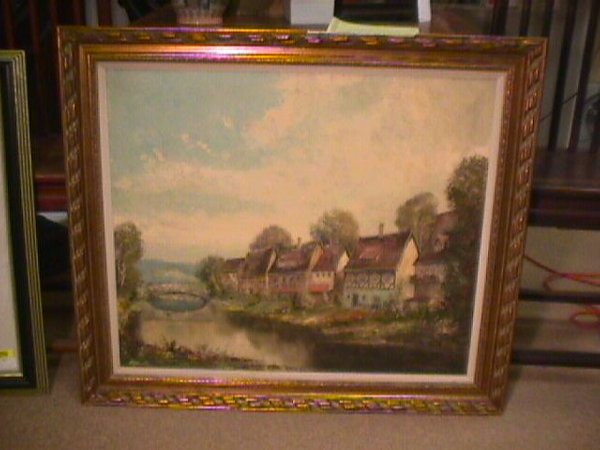 OIL ON CANVAS PAINTING CANAL BRIDGE HOUSES