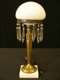 ART DECO TABLE LAMP BRASS MARBLE BASE: Lot 1102: ART DECO TABLE LAMP BRASS MARBLE BASE - Crystal prisms. Measures 17 1/2" high x 7" wide x 7" deep. Good condition.