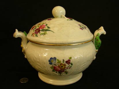 SMALL CONTINENTAL PORCELAIN PAINTED COVERED TUREEN: Lot 1104: SMALL CONTINENTAL PORCELAIN PAINTED COVERED TUREEN - Hand painted with flowers and vegetables. Vegetables are the handles on the tureen. Lid has an opening for a ladle. This doesn't