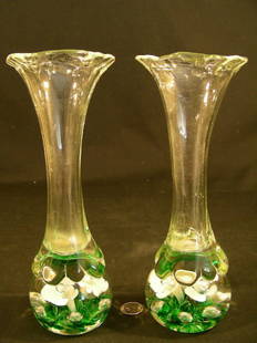 PAIR ANTIQUE PAPERWEIGHT RUFFLE EDGE GLASS VASES: Lot 1114: PAIR ANTIQUE PAPERWEIGHT RUFFLE EDGE GLASS VASES - Each hand blown paperweight vase measures 7 1/2" high by 3" wide by 3" deep. Generally good condition with normal wear and no chips or