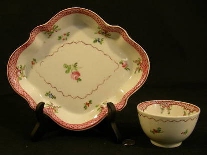 18th CENTURY PORCELAIN FLORAL PAINTED CUP AND TRAY: Lot 1117: 18th CENTURY PORCELAIN FLORAL PAINTED CUP AND TRAY - Pretty hand painted rose floral design. No maker's marks. Cup measures 3 1/4" wide by 2" tall. Tray is 7 3/4" by 6 3/4" and 1 1/4"