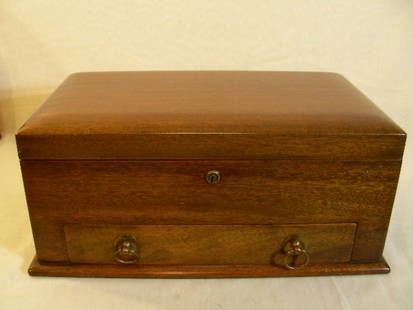 LARGE WOOD GAME BOX CHESS CHECKERS CARDS CHIPS ETC: Lot 1119: LARGE WOOD GAME BOX CHESS CHECKERS CARDS CHIPS ETC - Measures 6 1/2" high by 15 1/4" wide by 9" deep. Box also has a bottom drawer. Brass hinges and key. Contents consist of some ivory