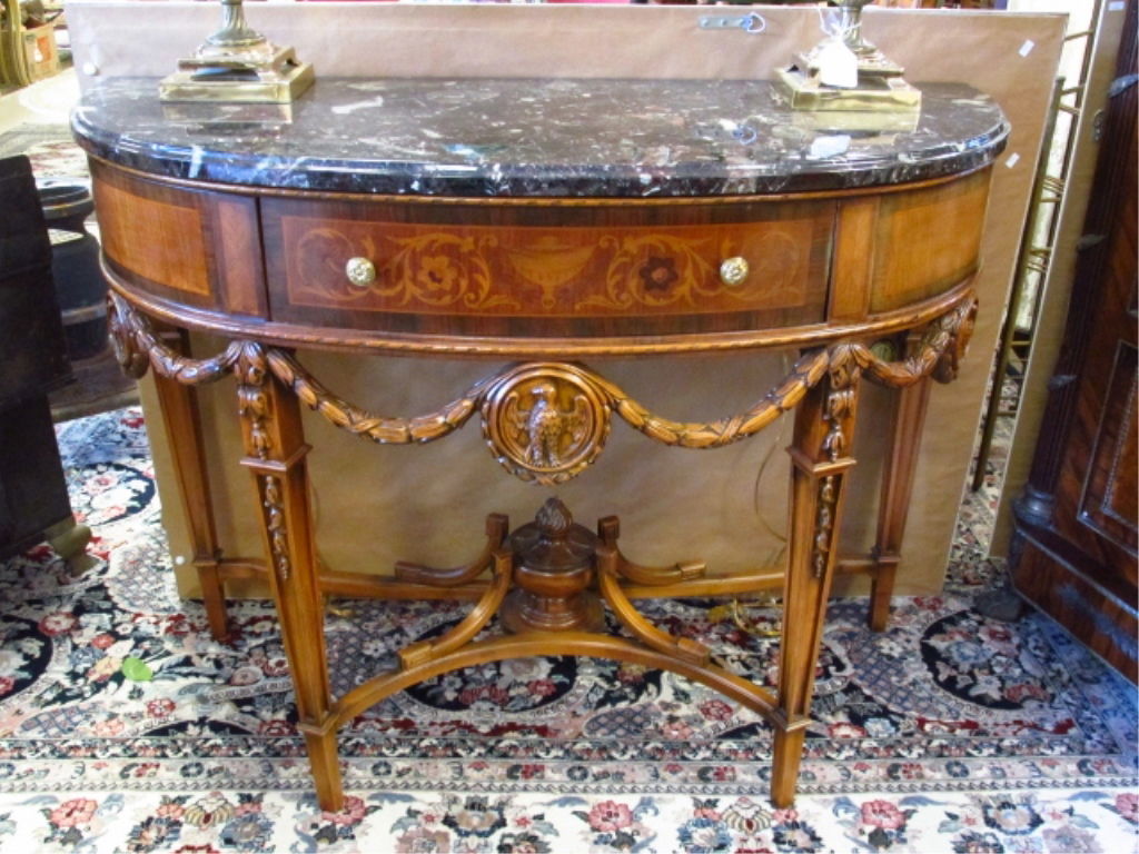 MARQUETRY MARBLE TOP DEMILUNE CONSOLE (1 of 7)