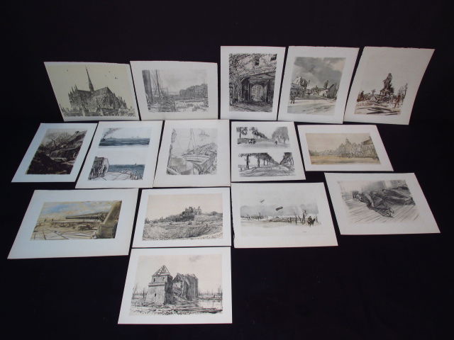 COLLECTION OF FIFTEEN MUIRHEAD BONE LITHOGRAPHS: A collection of fifteen lithographs (offset lithographs and traditional lithographs) by Muirhead Bone. WWI scenes commissioned by the British War Office. Each lithograph originally produced circa 1917