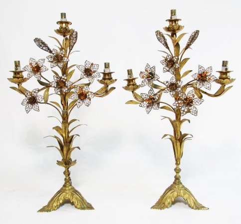 PAIR FRENCH FLORAL BEADED BRONZE CANDELABRUM (1 of 5)