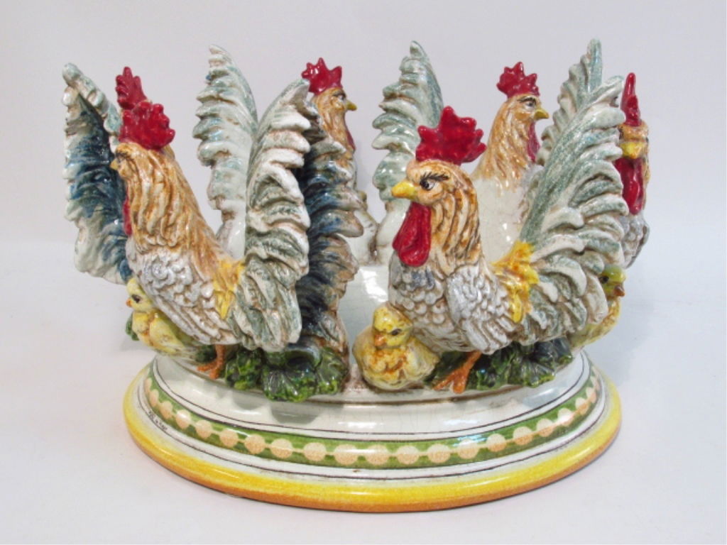 LARGE ITALIAN GLAZED REDWARE ROOSTER CENTERPIECE (1 of 8)