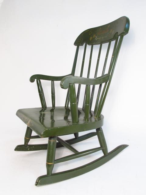 NICHOLS & STONE CHILD'S WINDSOR ROCKING CHAIR: Nichol's & Stone child's Windsor rocking chair measuring 27" tall x 16" wide x 21" deep. Marked under seat. Condition: minor losses to paint, see images. Weight: approx. 15 lbs.