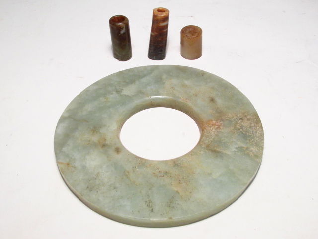 CHINESE CARVED JADE BI DISC & STONE CYLINDER BEADS (1 of 8)