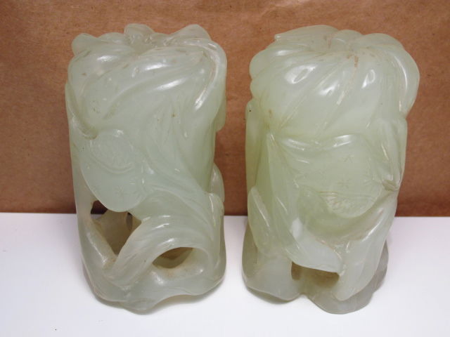 PAIR CHINESE CARVED CELEDON JADE CANDLEHOLDERS (1 of 9)