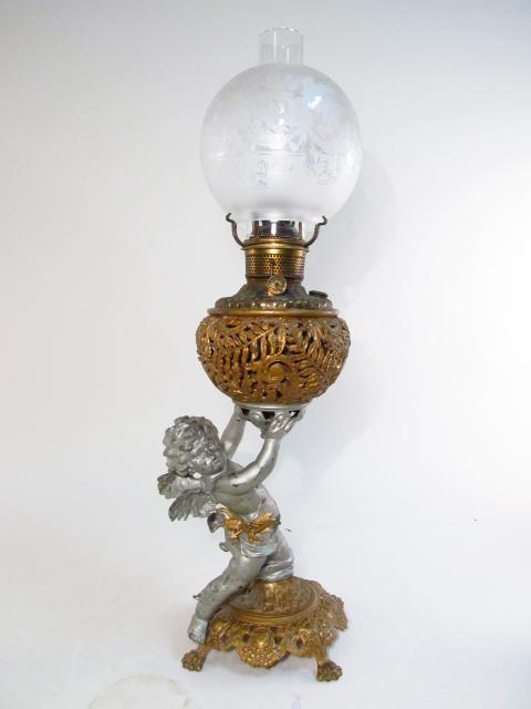 VICTORIAN PATINATED METAL FIGURAL BANQUET LAMP (1 of 10)