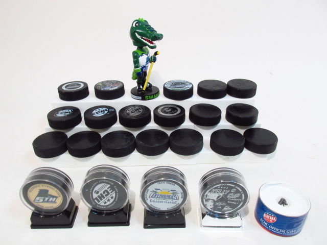 BOX LOT ASSORTED HOCKEY PUCKS, ETC. (1 of 10)
