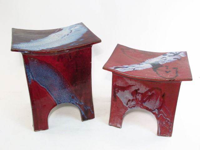 TWO GLAZED POTTERY GARDEN STOOLS (1 of 7)