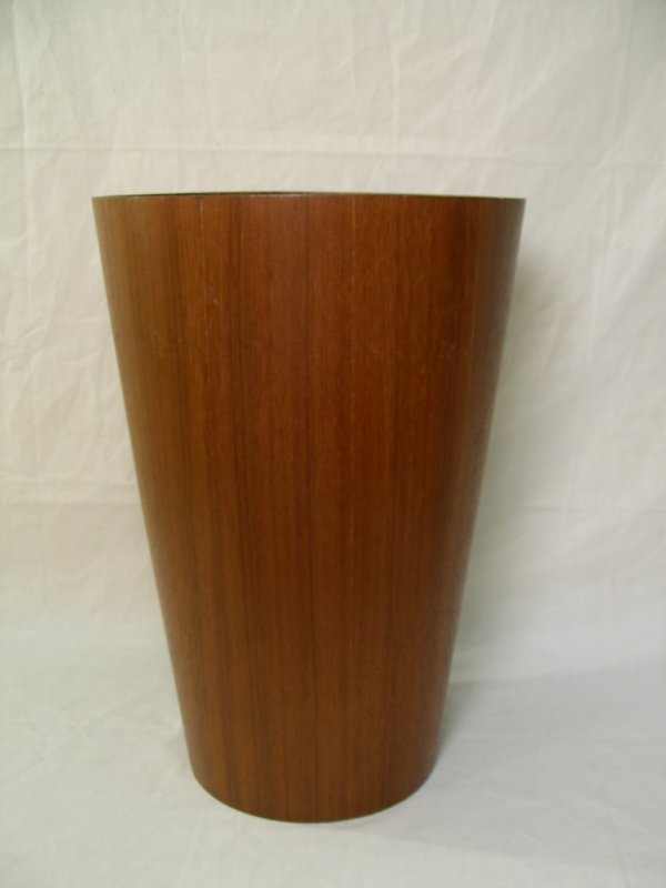 MID CENTURY MODERN RAYMOR TEAK WOOD WASTE BUCKET: Lot 293: MID CENTURY MODERN RAYMOR TEAK WOOD WASTE BUCKET - Measures 16" tall by 10 3/4" wide. Stamped on base S.A.C. Inc., Grand Rapids Michigan. Nationally Distributed by RAYMOR New York NY - Chicag