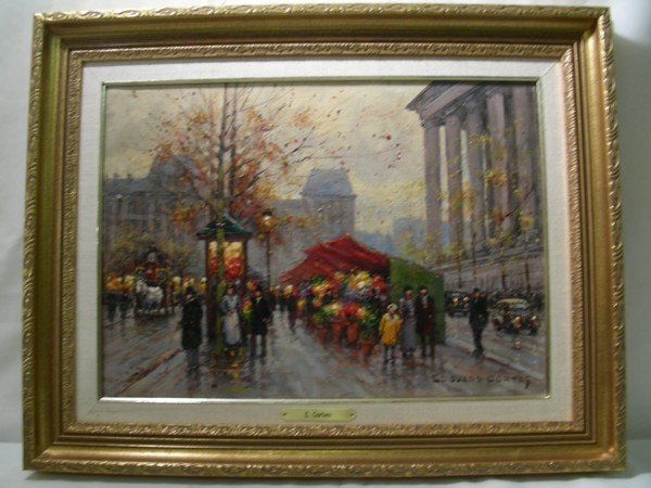 EDOUARD CORTES OIL PAINTING PARIS FLOWER VENDOR: Lot 673: EDOUARD CORTES OIL PAINTING PARIS FLOWER VENDOR - Oil on canvas painting by Edouard Cortes depicting flower vendors, horse carriage, autos and figures. Measures 18" by 13" tall. Framed measur