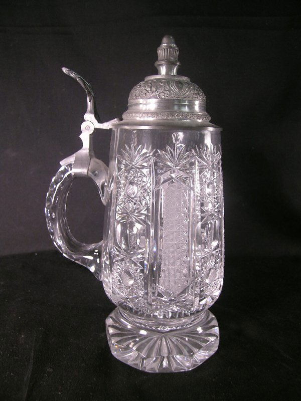 503 PEWTER LID CUT CRYSTAL GLASS BEER STEIN