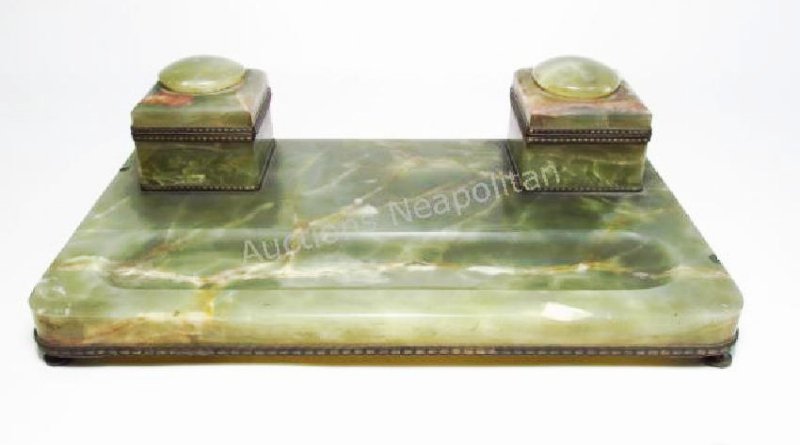 ANTIQUE ONYX INKWELL PEN REST: Heavy antique carved onyx inkwell pen rest. Measures a total of 16.5" wide x 9.75" deep and 5.25" tall. Condition: a few knicks to edges and corners, one insert missing, small chips to remaining inser