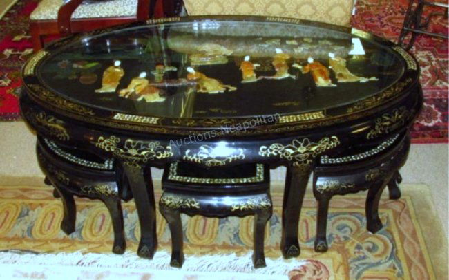 CHINESE MOP INLAID BLACK LACQUER TABLE W/ 6 STOOLS (1 of 9)