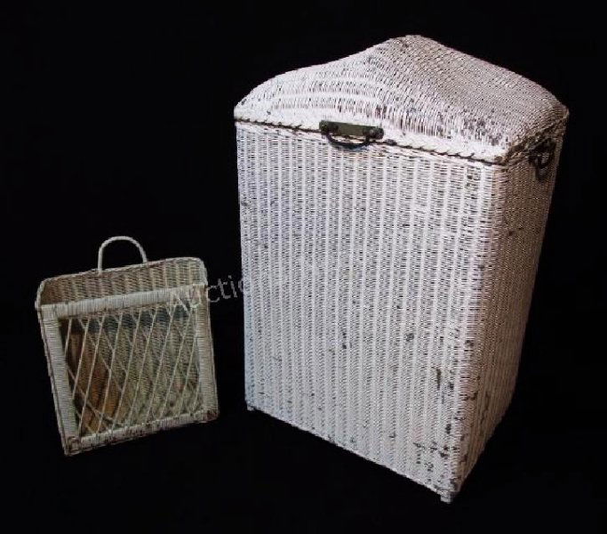 VINTAGE WOVEN WHITE WICKER HAMPER or WASTEBASKET (1 of 8)