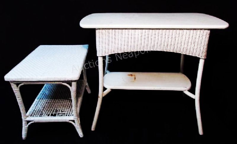 TWO SMALL VINTAGE WHITE WICKER SIDE TABLES (1 of 10)