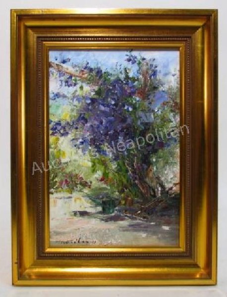 MANFRED FEILER OIL ON BOARD FLORAL PAINTING: Manfred Feiler oil on board abstract floral painting, signed lower left and framed in a gold tone frame. Measures a total of 15.4" tall x 11.5" wide. Condition: good, see images. Weight: 2 lbs.