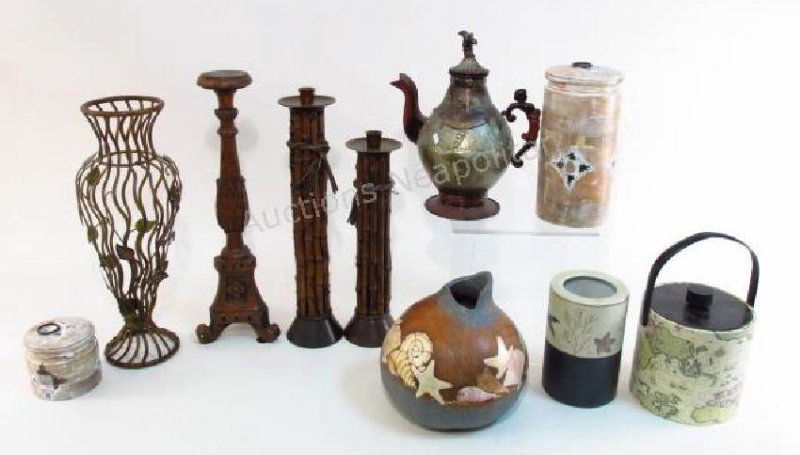 ASSORTED DECORATIVES: CANDLESTICKS, TEAPOT, ETC. (1 of 8)