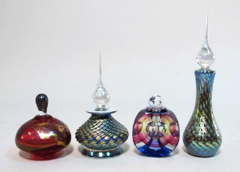 FOUR ART GLASS PERFUME BOTTLES: ABELMAN, KARBLER: Lot of four art glass perfume bottles. Includes one by Michael David and Kit Karbler, one by Matthew Bruckner, and two by Abelman glass. Each piece signed on base. Condition: Kit Karbler/Michael David