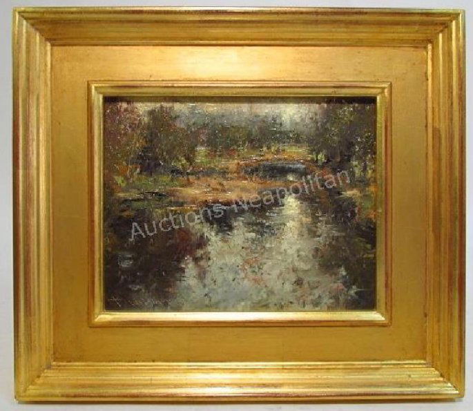 TODD WILLIAMS OIL ON BOARD PAINTING: NEW LIFE RIVE: Todd Williams oil on board painting, framed in a small gold tone frame. Signed "T. Williams" lower left. Condition: good, see images. Measures a total of 13" x 15". Weight: 3 lbs.