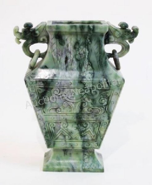 CHINESE CARVED MOTTLED GREEN SOAPSTONE URN: Chinese carved soapstone urn with a mottle green spinach-type coloration. Measures a total of 9.25" tall x 7.75" wide. No lid. Condition: tiny flake on the nose of one dragon handle, see images. Weigh