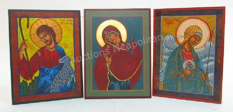 THREE HAND PAINTED RELIGIOUS ICONS : ANNUNCIATION (1 of 8)