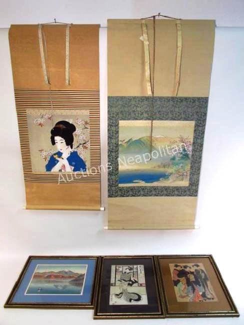 THREE JAPANESE WOODBLOCK PRINTS & TWO SCROLLS (1 of 10)