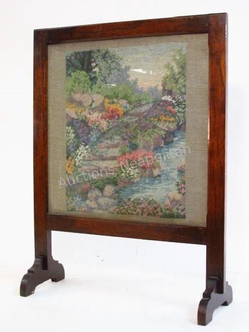 MISSION STYLE OAK FIRE SCREEN W/ NEEDLEPOINT (1 of 3)