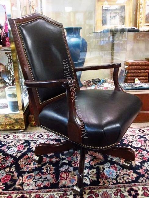 WALNUT & BLACK LEATHER SWIVEL OFFICE CHAIR (1 of 3)