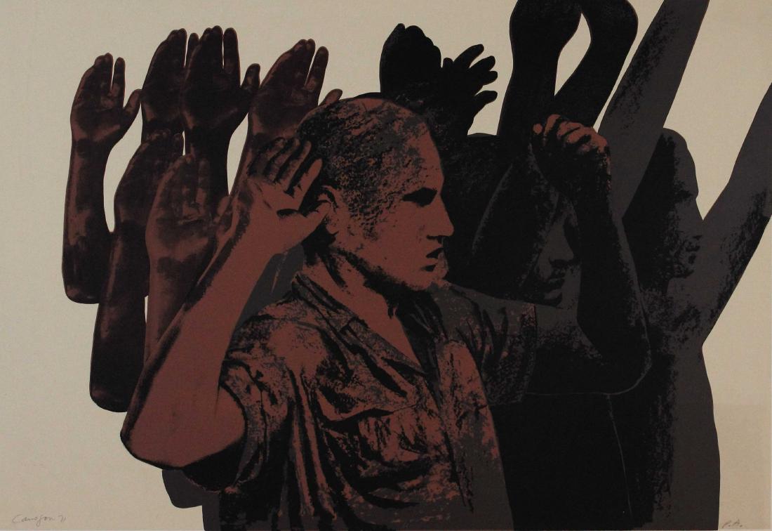 Rafael Canogar, Los prisoneros, 1971: Serigrafia a colori; Dimensioni foglio 62 x 84 cm; Dimensioni immagine 49 x 72 cm; Firmata in basso a destra a matita dall'Artista; Prova d'Artista; Certificato di autenticitÃ ; Color serigraph; Pap