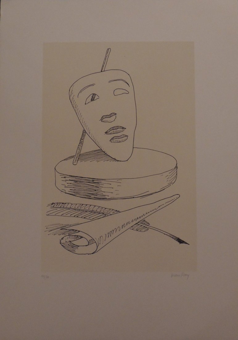 Man Ray, from Les six masques voyant, 1970: Color litograph from a folder of six; Paper sizes cm 70 x 50; Image sizes cm 47 x 31,5; Edition 29/80; Signed lower right and numbered lower left in crayon by the Artist; Blind stamp Publisher Studio 