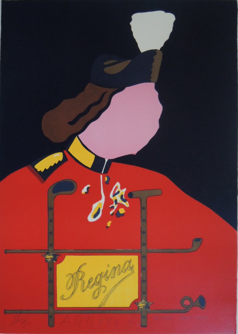 Eduardo Arroyo, Elisabetta - esporte royale, 1972: Color lithograph; Paper sizes cm 65 x 46; Signed and dated lower center, titled lower right and numbered lower left in crayon by the Artist; Edition 37/90; COA provided