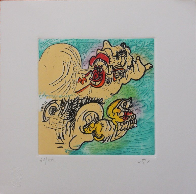 Roberto Matta, Come fu che Gargantatua venne al mondo: Etching aquatint; Paper sizes cm 33 x 33; Images sizes cm 19,5 x 19,5; Signed lower right in crayon and numbered lowe left by the Artist; Edition 61/100; COA provided